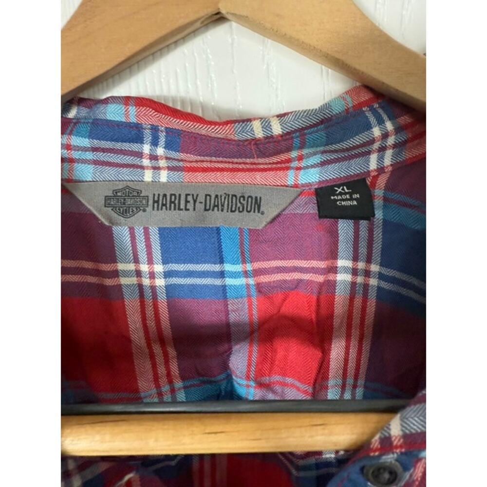 Harley-Davidson red plaid short-sleeve button-up shirt patches embroidered XL - Picture 7 of 7